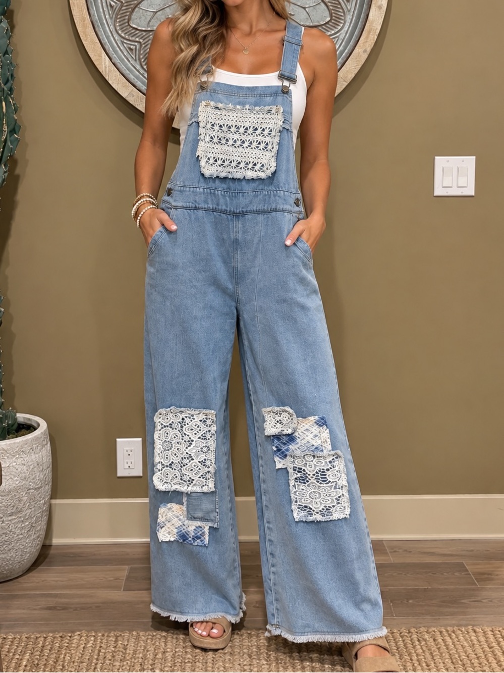 POL Boho Light Wash Denim Oversized Overalls with Crochet Lace Patchwork NWOT